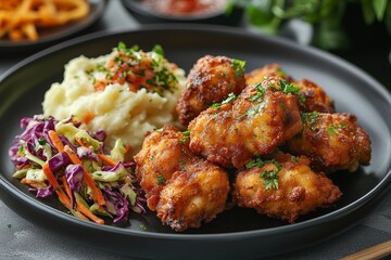 Crispy fried chicken, mashed potato, slaw. Restaurant meal