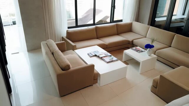 Living room with a white coffee table and a couch with a blue vase on it. There are several couches and chairs in the room, and a few books are scattered around. The room has a cozy