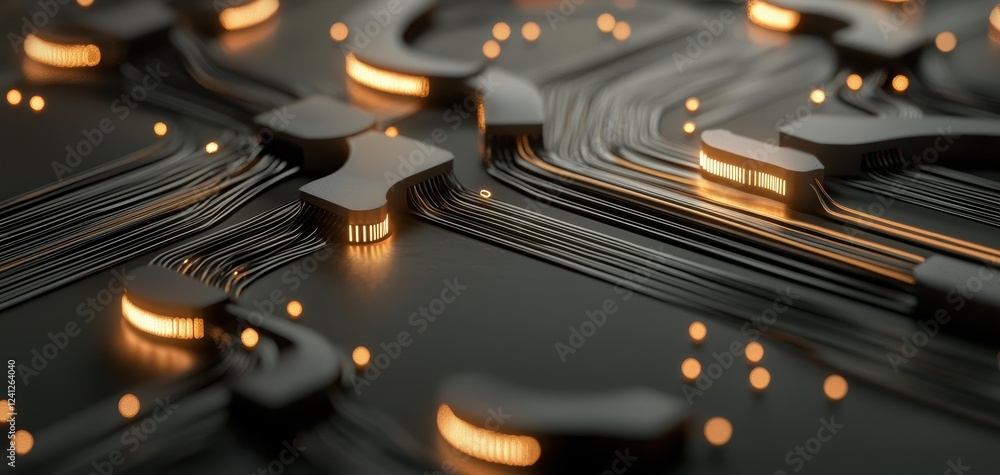 Leinwandbilder A close-up view of a circuit board with glowing elements, showcasing intricate pathways and connections.
