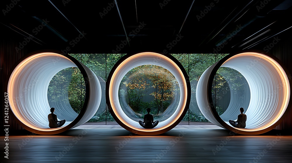 Sticker Serene meditation space, three figures in illuminated circular niches, overlooking a tranquil garden, perfect for wellness content