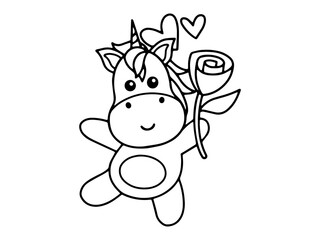 Valentine Day Unicorn Holding Rose Outline