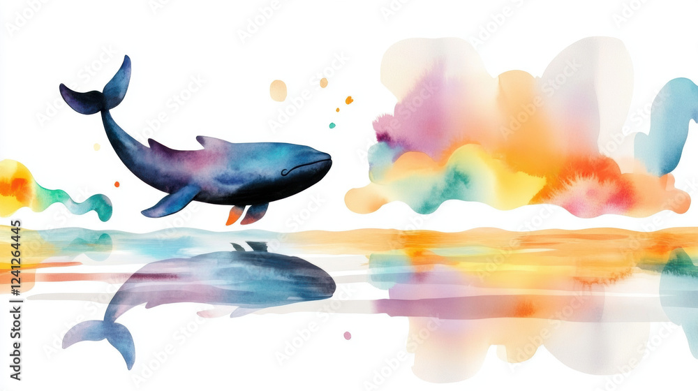 Canvas Prints Blue whale, watercolor, A vibrant watercolor illustration of a whale swimming in a colorful ocean, reflecting hues of blue, orange, and pink.