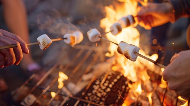The image with hands holding a marshmallow over a campfire would be suitable for blogs about travelling, camping and family outdoor activities.