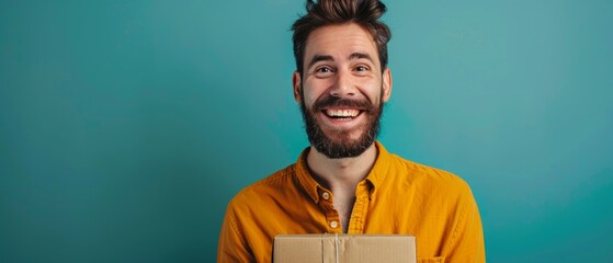 Happy man with a gift on a background of bright blue colour, perfect for advertising gifts, holidays, online shopping.