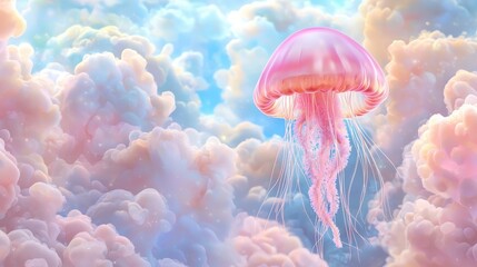 Calmness peace impact. A whimsical pink jellyfish floats among soft, colorful clouds, creating a dreamy and surreal atmosphere.