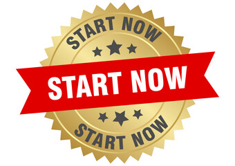 start now. start now round red and gold label isolated on transparent background