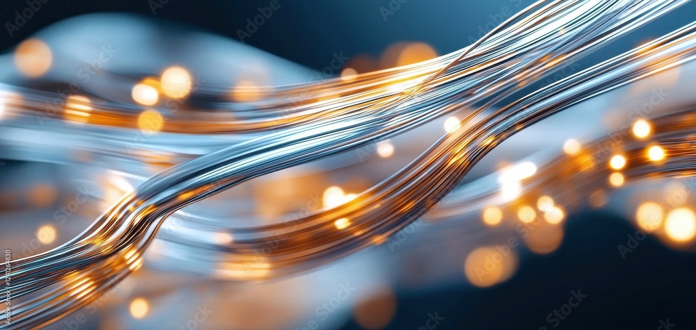 Poster Abstract glowing lines with a futuristic curve design create a bright, shiny gold pattern in motion, forming a dynamic and modern light composition.