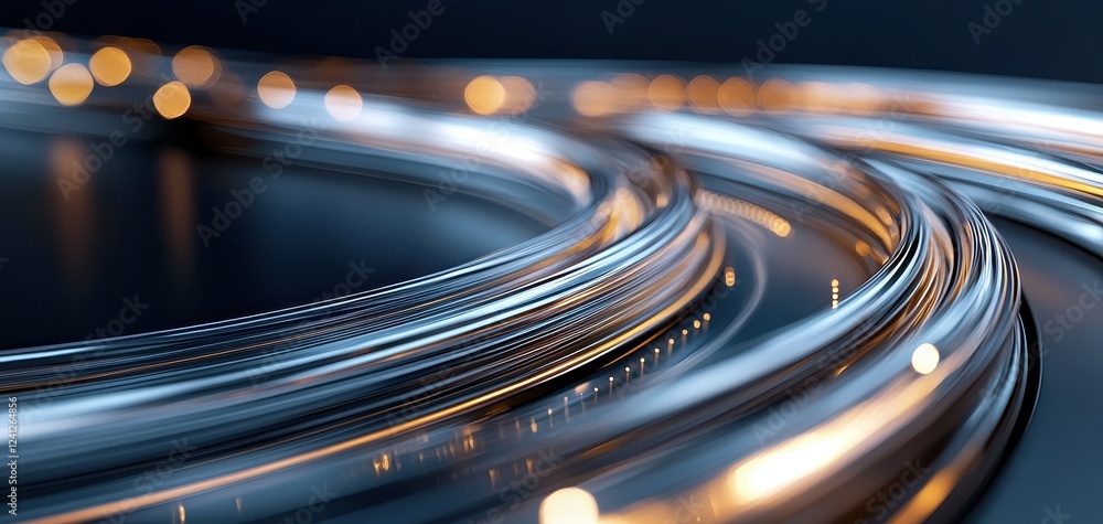 Poster Futuristic gold light lines flow in a smooth curve, forming an abstract shiny pattern with motion and bright glowing effects, ideal for modern design.