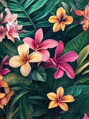 Vibrant tropical flowers and lush green leaves create a stunning floral background in a garden setting