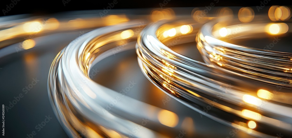 Poster Curved abstract lines in motion, glowing with bright gold light, create a futuristic design with a dynamic shiny pattern and modern artistic appeal.