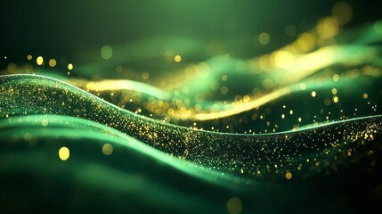 Illuminated Green 3D Wave Lines with Shiny Gold Curves and Glow