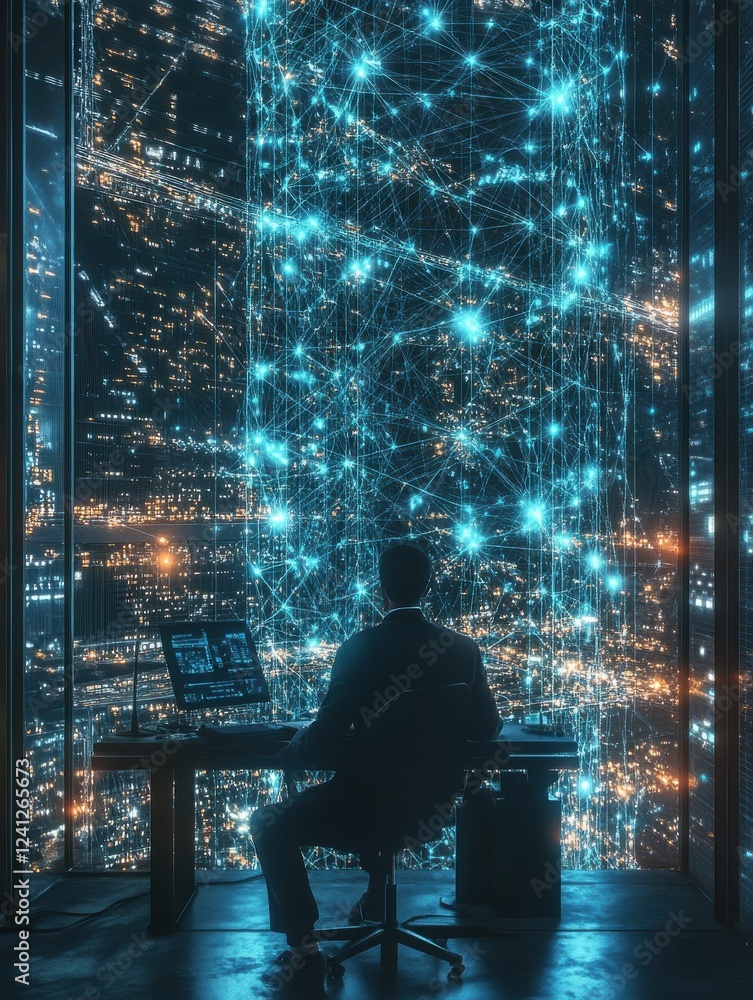 Poster system administrator and machine learning engineer programming, planning network expansion at his of