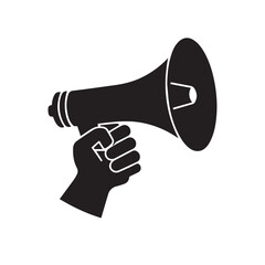 Hand holding megaphone bullhorn silhouette isolated on a white background. Marketing Icon.