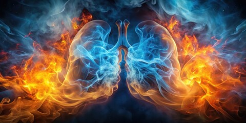 Fototapeta premium Fiery lungs surrounded by swirling blue and orange flames with thick smoke clouds , abstract, fire, abstract, fire, energy, warm