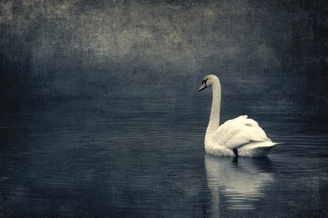 A solitary swan gracefully glides on dark water, creating a serene and tranquil scene.