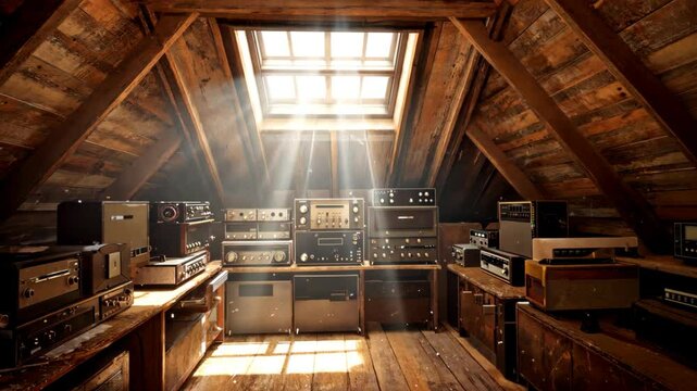 Vintage audio equipment fills a rustic attic under sunlight streaming through a skylight, creating a warm, nostalgic atmosphere, perfect for vintage themes