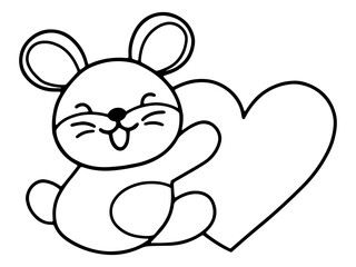 Valentine Day Mouse Holding Heart Line Art