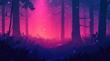 Obraz premium Enchanting Pink Forest With Glowing Fireflies at Night