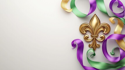 Festive Mardi Gras design featuring a golden fleur - de - lis surrounded by swirling purple, green and gold ribbons for decorative purposes.