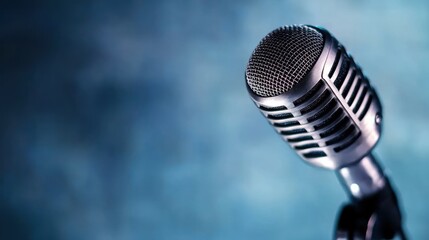 Close-up of a vintage microphone against a blurred blue background, ready for a performance