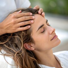 Fototapeta premium Rejuvenating Scalp Massage Close-Up, scalp massage, rejuvenation, close-up spa care, hair wellness, soothing therapy, relaxing treatment, tranquil experience, condition, enjoyment, skin, spa, image