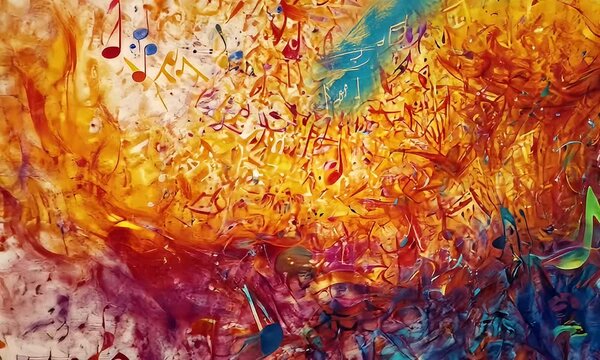 Colorful music notes swirl; abstract art background; vibrant paint explosion