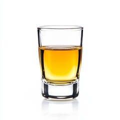 Bierschnaps shot served in a small glass with clear distilled beer spirit isolated on white background strong German tradition 