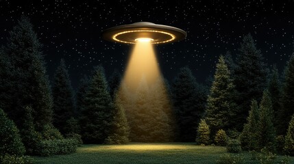 A brilliant beam of light is emanating from a mysterious, hovering unidentified flying object positioned above a dark forest at night
