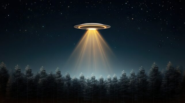 Mysterious spaceship hovers over a dense forest at night, casting a bright beam of light in a serene, starry sky