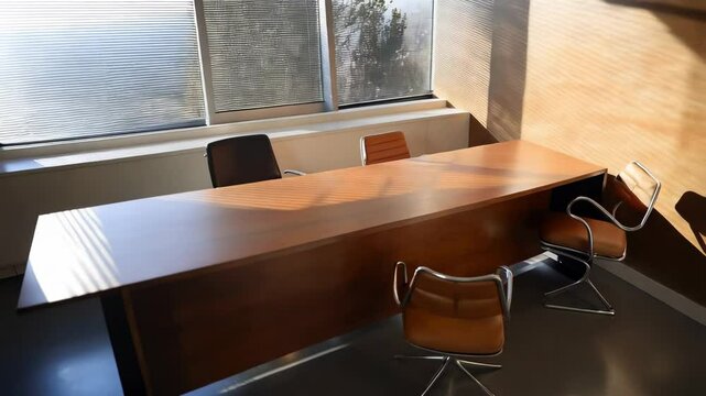 Room with a wooden desk and three chairs. The room is well lit and has a modern feel