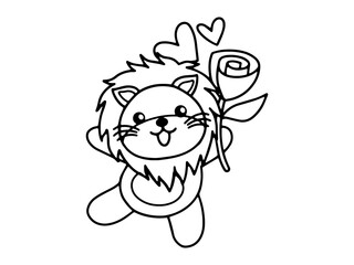 Valentine Day Lion Holding Rose Outline