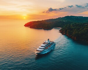Luxury yacht sunset cruise, coastal voyage, tropical island backdrop; travel brochure