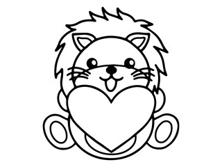 Valentine Day Lion Holding Heart Line Art