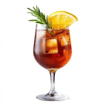 Cynar spritz served with artichoke liqueur sparkling water and lemon slice isolated on white background unique herbal Italian twist 