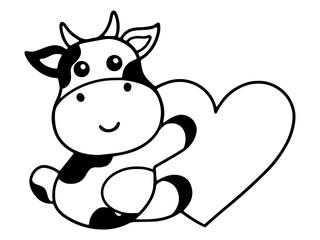 Valentine Day Pig Holding Heart Line Art