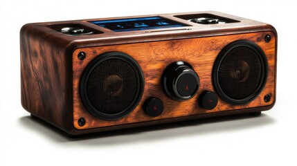 Fototapeta premium Vintage wooden radio with modern features, showcasing intricate design and functionality