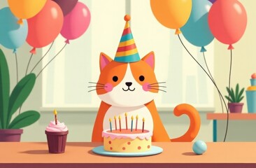 Fototapeta premium A cheerful cat in a festive cap sits at a table with a cake. Pet's birthday.