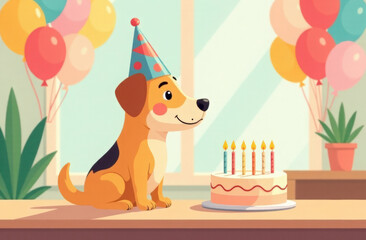 Obraz premium Dog in party hat sits at table with cake. Pet birthday.