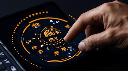 Digital Touch: A hand interacting with a futuristic interface on a tablet screen, exploring advanced technology, in a photorealistic and stylish manner.