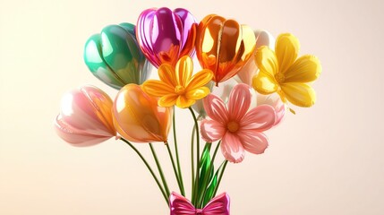 Colorful bouquet of balloon - flowers in various shapes and hues, tied with a shiny pink bow for festive celebrations.