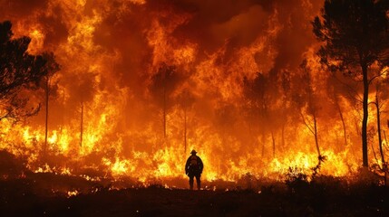 Fototapeta premium Lone Firefighter Silhouetted Against Raging Flames