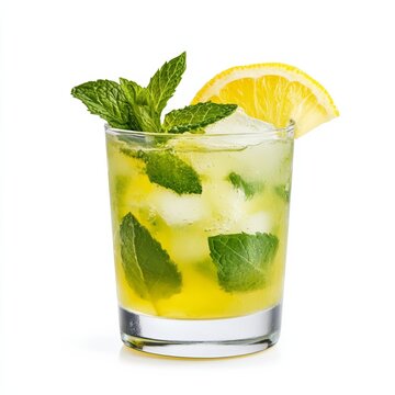 Glass of rebujito with fino sherry sparkling lemonade and mint garnish isolated on white background crisp Andalusian cocktail 