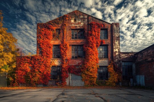 Autumn leaves covering an old brick building, creating a vibrant and nostalgic scene.
