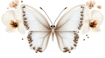 Fototapeta premium A beautifully detailed butterfly adorned with intricate patterns rests gracefully next to delicate white orchids, accompanied by soft, subtle decorative accents