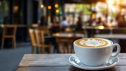 Obraz premium Morning coffee cafe and shop. A beautifully crafted latte sits on a wooden table in a cozy café setting.