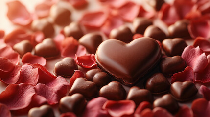 Obraz premium Heart shaped chocolate pieces with scattered rose petals. Romantic concept perfect Valentine's Day