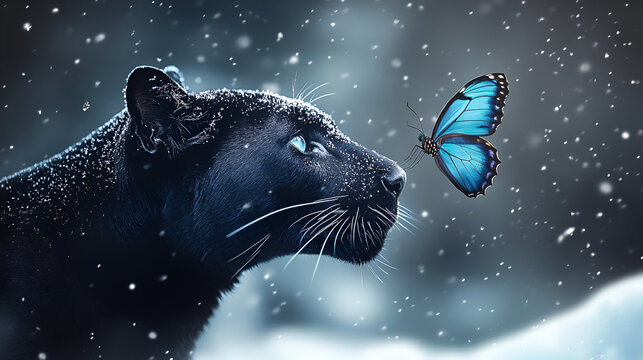 A black panther, in the midst of snow, with heavy snowfall, a blue Butterfly is landing on the nose, only its back is visible, not its face, it's a full-body photo.


