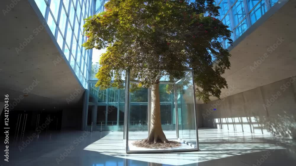 Poster tree is inside a glass box in a large, empty room. the tree is surrounded by a white background and 