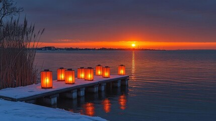 Fototapeta premium Winter Sunset over Calm Lake with Glowing Candles on Pier