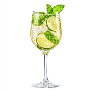 Hugo cocktail in a wine glass with sparkling wine elderflower syrup mint leaves and lime slices isolated on white background refreshing German favorite 